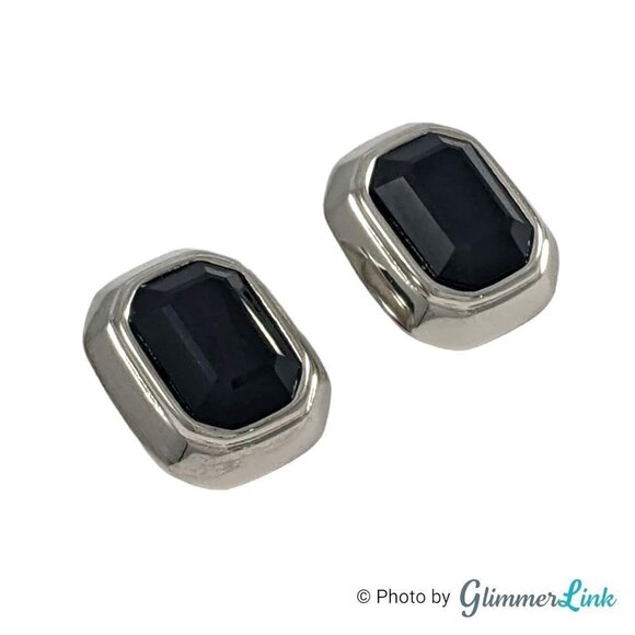 Vintage Black Rectangular Faceted Glass Stone Silver Tone Clip On Earrings - Picture 1 of 12